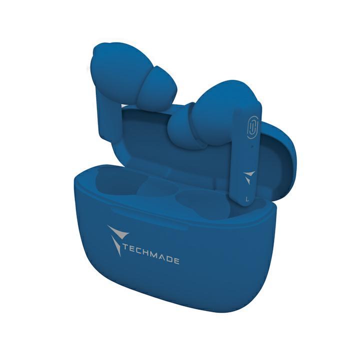 Techmade earbuds di colore blu con super bass e touch control